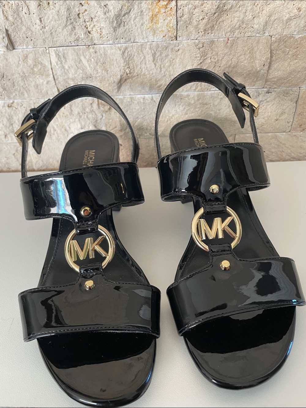 Michael Kors Black Patent Sandals with Gold MK Emblem